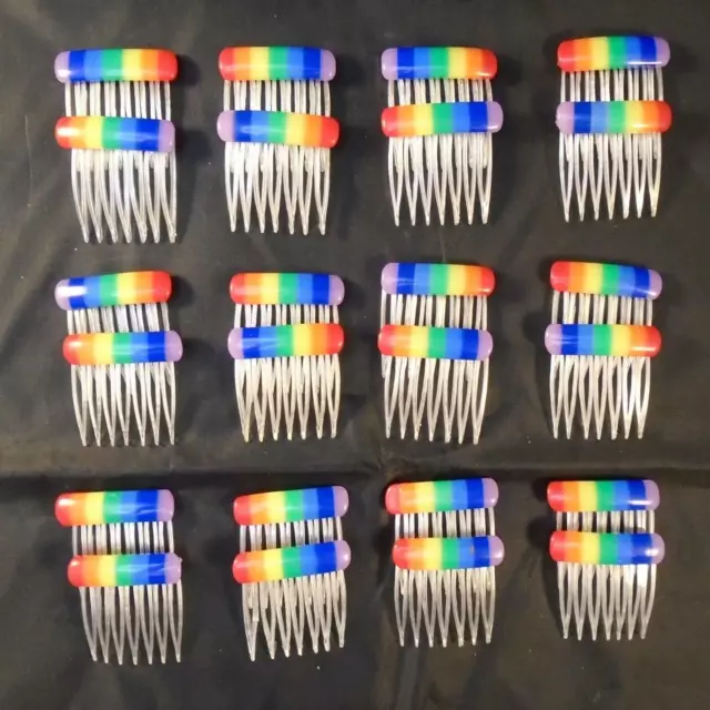 VINTAGE RETRO 80s RAINBOW COLORFUL HAIR COMB NOS LOT of 12 PAIRS FREE SHIP AD