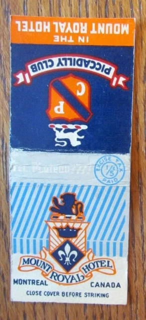 BOBTAILED MATCHBOOK COVER: MOUNT ROYAL HOTEL MONTREAL EMPTY 1940s MATCHCOVER -D3