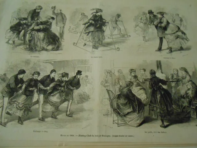Gravure 1868 - Skating Club Patinage au Bois de Boulogne chariot bébé