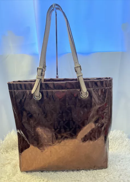 MICHAEL KORS Jet Set Signature Logo Mirror Metallic ROSE GOLD Large Tote Bag