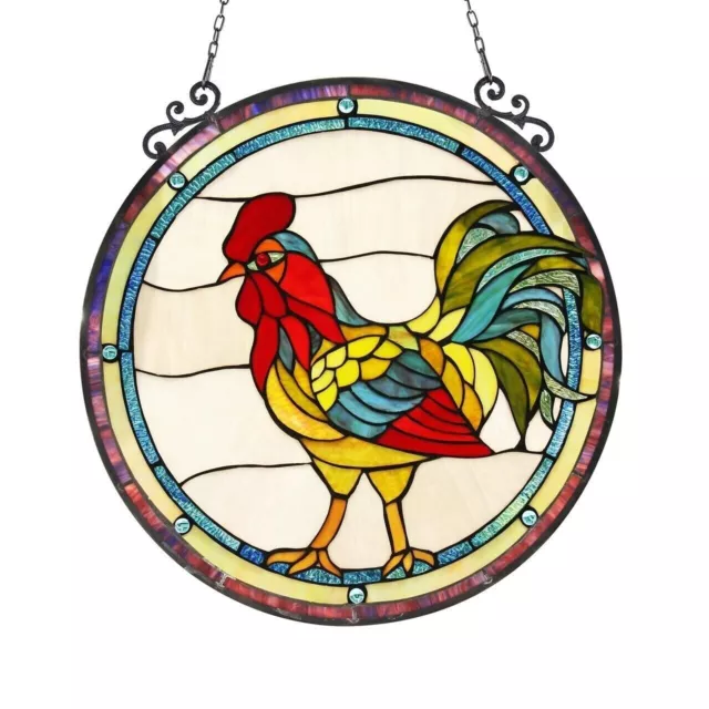 Stained Glass Rooster Round Window Panel Handcrafted Tiffany Style 24" Diameter