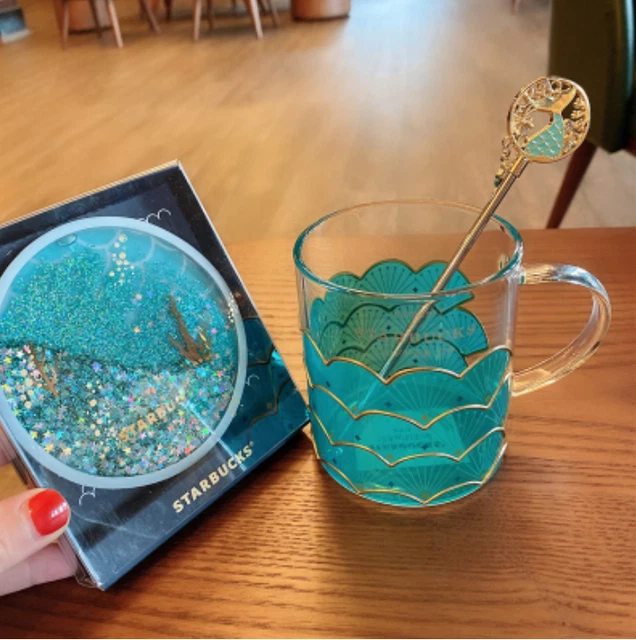 Starbucks Marine Series Fish Scale Glass Mug Coffee Drinking Cup Coaster Stick