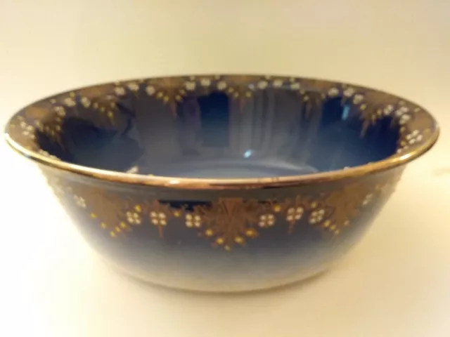 Opaque Luneville Cobalt Flow Blue Serving Bowl W/ Raised Enamel & Gold  c. 1890