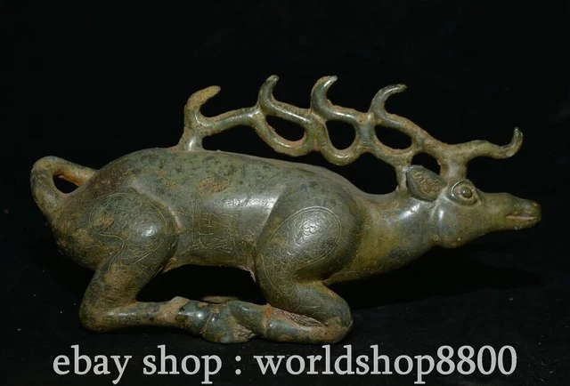 7.6" Old Chinese Shang Dynasty Bronze ware Animal lie Deer Statue Sculpture