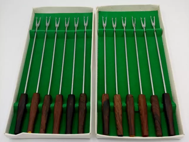 West German Set of 12 Stainless Steel Wood Fondue Forks Colored Ends 10.5"