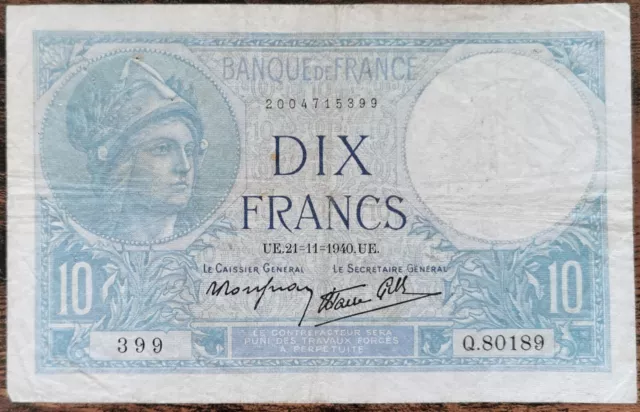 Billet 10 francs MINERVE  21 - 11 - 1940 France Q.80189