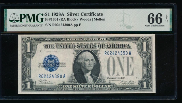 AC 1928A $1 Silver Certificate PMG 66 EPQ R-A block  Fr 1601