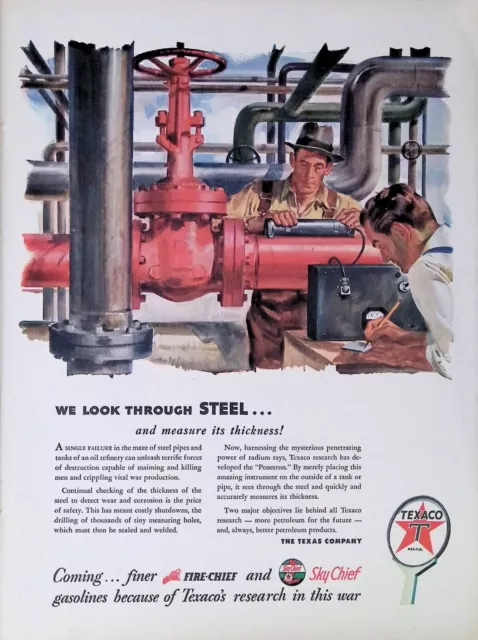 Vintage Print Ad 1944 Steel Pipe Texaco Fire-Chief Sky Chief Gasoline Radium Ray