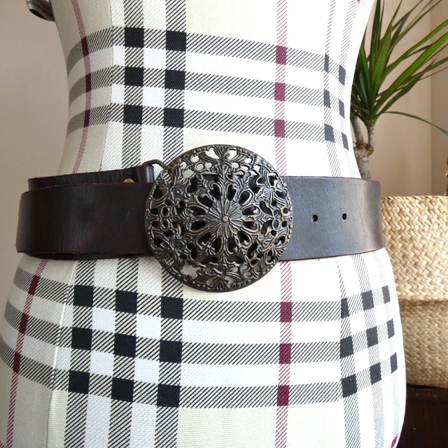Cintura Cintura Disco Vintage anni '90 Y2K Cerchio Spessa Marrone Vera Pelle Metallo Bronzato