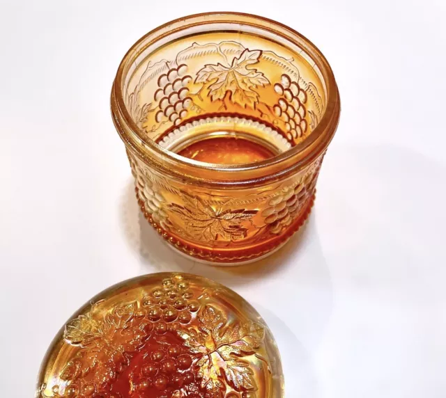 Vintage Northwood Grape & Cable Powder Jar with Cover, Marigold Carnival Glass