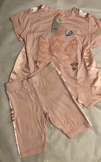 Set pantaloncini da ciclismo mini ragazze età 3-4 anni logo nastro rosa nuovi con etichette