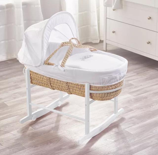 White Palm Moses Basket With Rocking Stand and Mattress Sleepy Owl Linen Set