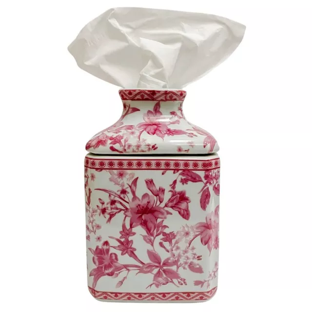 Pink Chinoiserie Ceramic Tissue Box Cover Chinoiserie Decor 8"