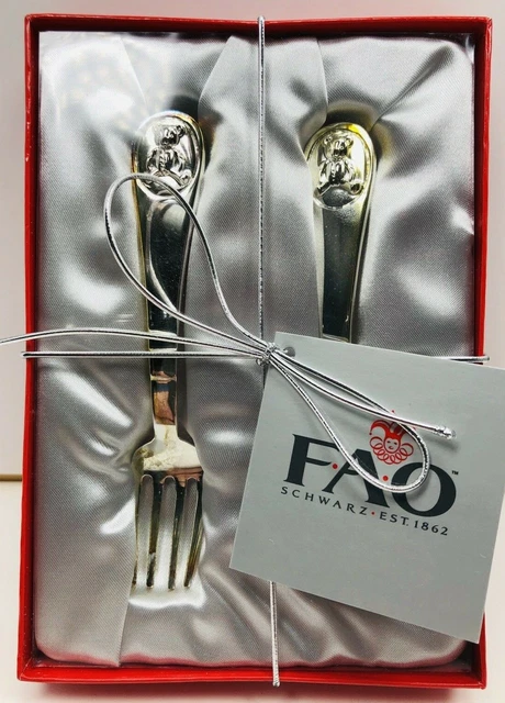 FAO Schwarz Keepsake Silver Plated Child's Teddy Bear 2 Piece Spoon & Fork Set