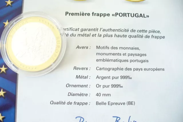 Splendide Médaille Be -Argent & Or Pur  " Portugal / Euro " 20 Gr./40 Mm ! 2
