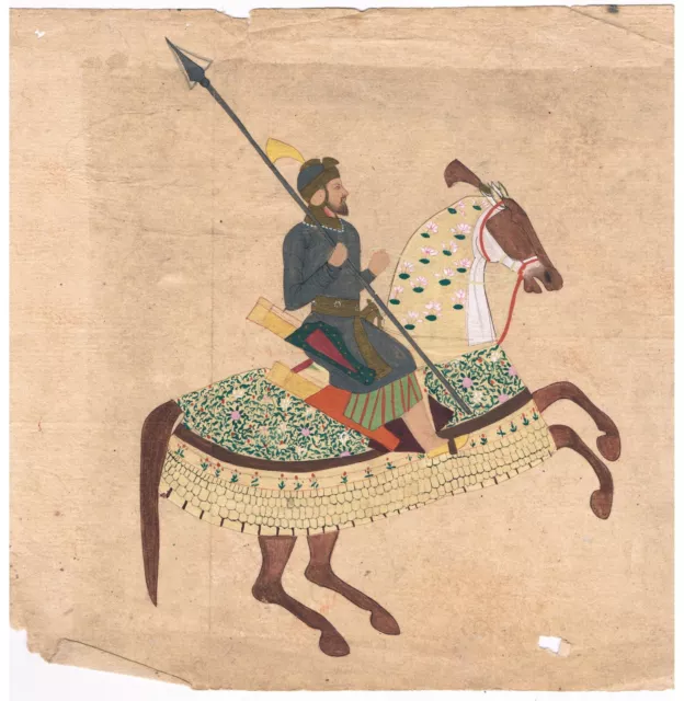 Hand Painted Indian Painting Miniature Portrait Of Mughal Emperor King On Horse