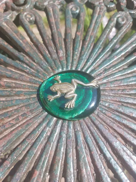 Vintage Green Glass Pebble with Metal Frog Totem Collectable Amphibian Pond Cute