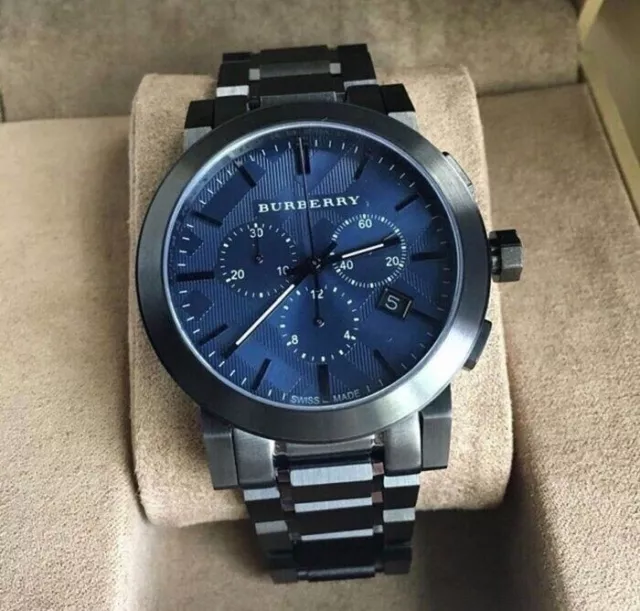 Burberry Mens Watch Stainless Steel Gunmetal Tone & Blue Dial Bu9365 Genuine New