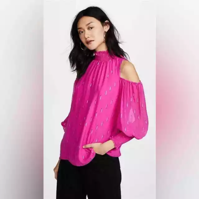 Shoshanna New Barrow Fuchsia Silk Metallic Blouse Top Size L 2