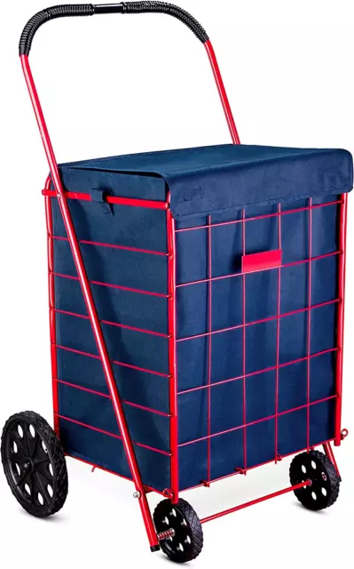Folding Grocery Basket Cart LINEN Shopping Wheels Large Metal Laundry
