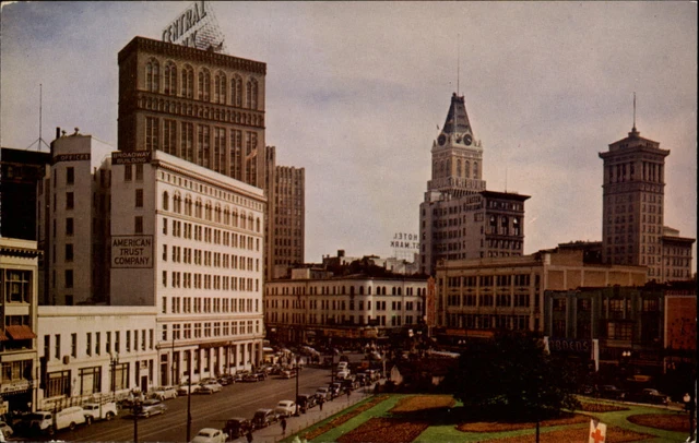 Oakland California downtown view 1940-50s cars trucks aerial vintage postcard