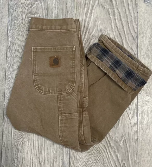 Carhartt YYB111 BRN Kid's Brown Flannel Lined Canvas Work Pants 8 Measure 25x19