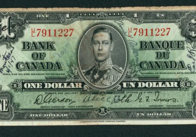 $1 1937 Bank of Canada - Ottawa ((SHORT SNORTER)) ** DAILY CURRENCY AUCTIONS