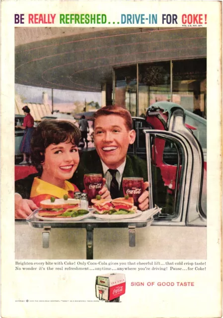 1959 Coca Cola Print Ad DRIVE-IN FOR COKE Vintage Restaurant Food