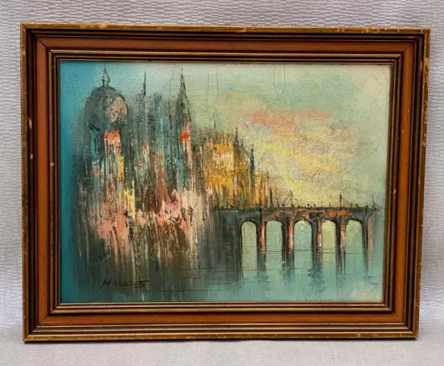 Mid Century Modernist Oil Painting Jack Laycox Style Abstract City Citiscape Art