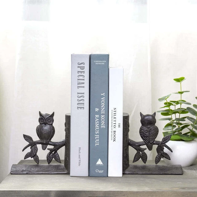 Dark Brown Cast Iron Bookends, Vintage Style Owl Sculpted Book Holders, 1 Pair