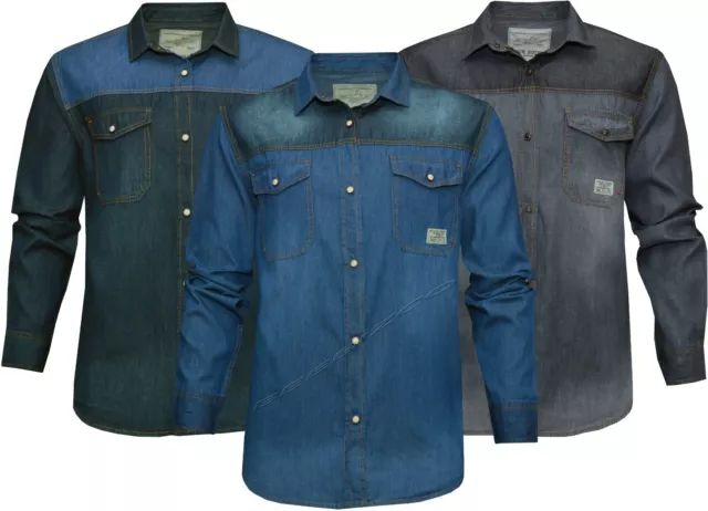 Mens Denim Shirts 100%Cotton Contrast Snap Button Long Sleeve with Pockets S-2XL