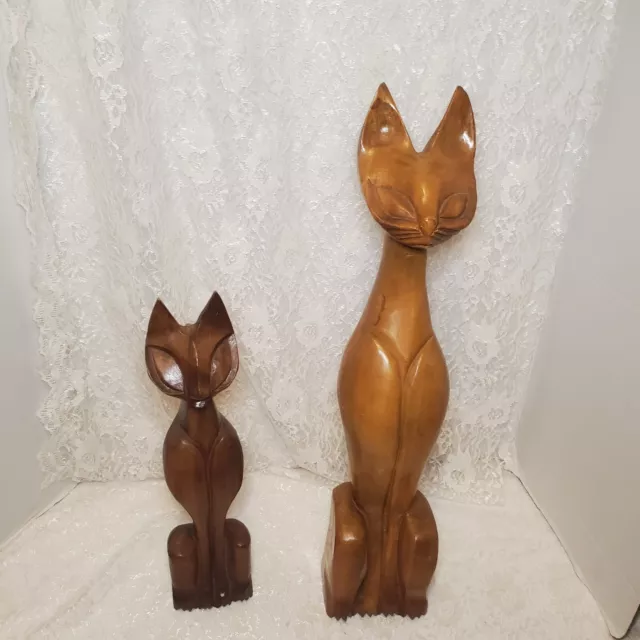 Vintage Monkey Pod Wood Carved Siamese Cats Set of 2. (Please read description.)