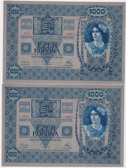 Austria Hungary 2 X 1000 Kronen 1902 Echt Oesterreichisch-Ungarische  Consec Xf 2