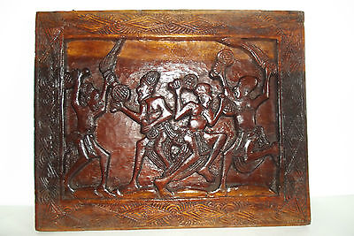 04B56 Antique Panel Bas Relief Art African Wood Carved Natives Africa