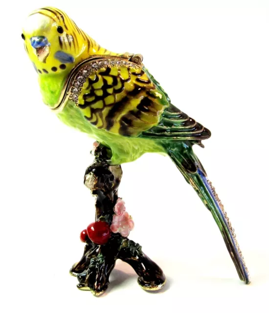 Budgerigar or Budgie on Branch Jewelled Bird Trinket Box or Figurine Green