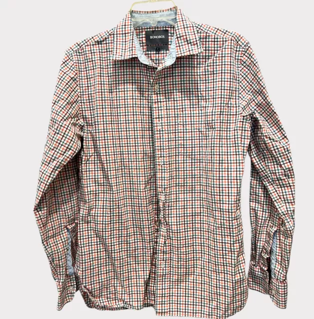 Bonobos Shirt Mens Small Red Blue Check Plaid Slim Fit Long Sleeve Button Up