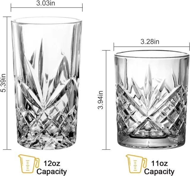 Crystal Cut Highball Tall Drinking Glasses, Dishwasher Freezer Microwave Safe