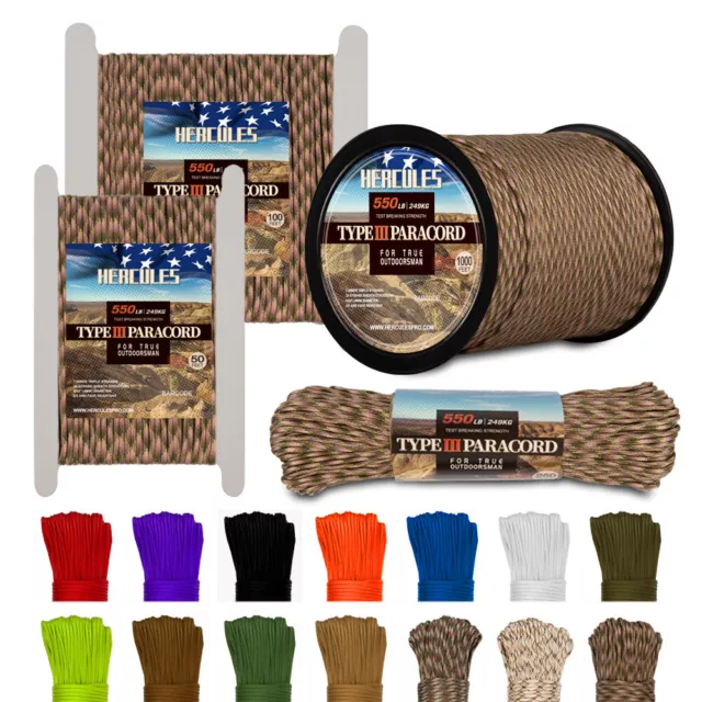 HERCULES Type III Paracord 550 Paracord Rope Parachute Cord 50- 1000' Reflective