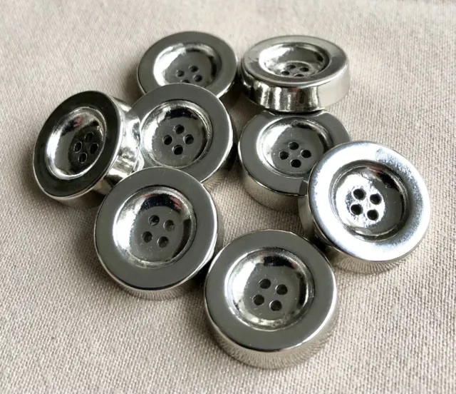8 Heavy Silver Metal Rim Decorative Buttons, 18mm, 4 Hole, Set