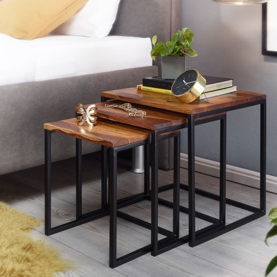 Divano Tavolo Industriale FineBuy Tavolino da caffè Set di Due Pezzi Legno Massello Sheesham Metallo Tavolino Prodotto Naturale Disegno Tavolo Soggiorno Piazza 