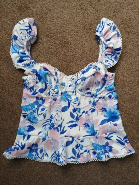 BNWOT River Island White Blue Pink boned Floral summer frill top Size 12 holiday
