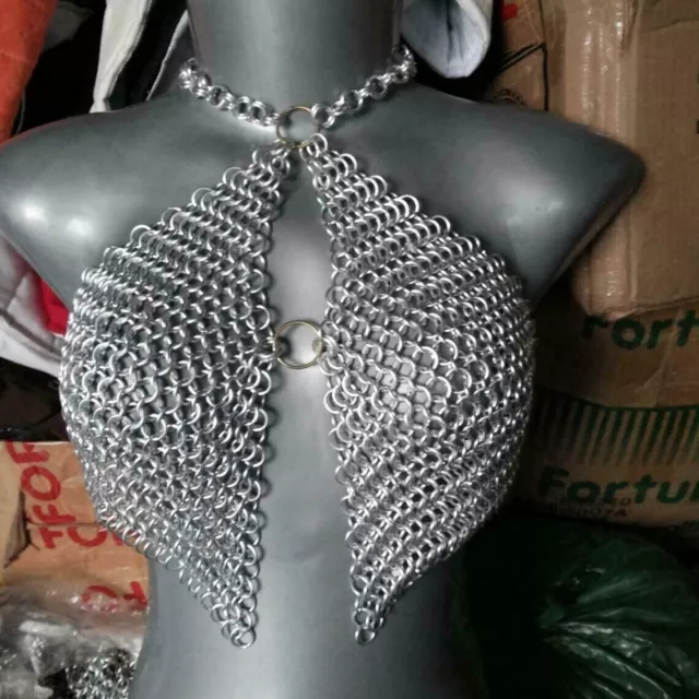 Medieval Chainmail Halter, Aluminum Butted Sports Bra Sexy Costume White  Anodize