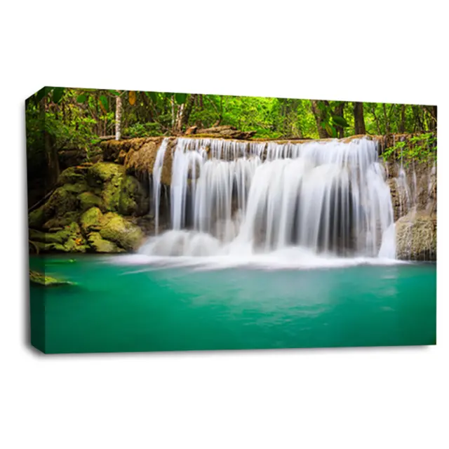 Waterfall Wall Art Print Forest Landscape Teal Green Framed Canvas Picture Large