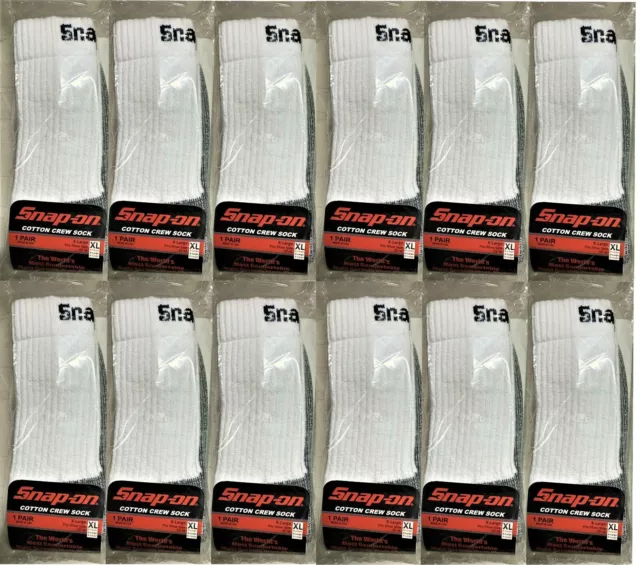 12 PAIRS SNAP-ON Crew Socks Men's WHITE X-LARGE *FREE SHIPPING* MADE IN USA *NEW