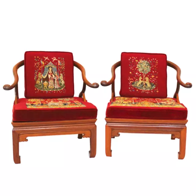 Vintage Handcrafted Chinese Rosewood Horseshoe Armchair Chairs French Tapestry