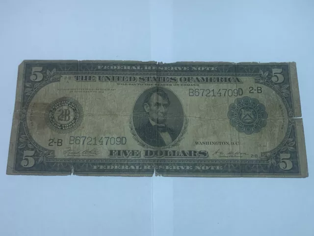 1914 $5 Five Dollar Federal Reserve Large Size Paper Currency LOWBALL