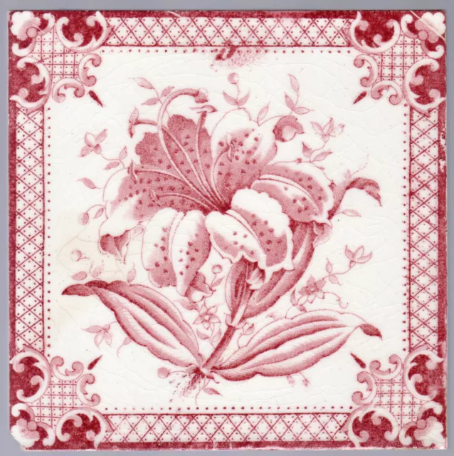 Decorative Art Tile Co - c1880 - Burgundy Oriental Lily - Antique Victorian Tile