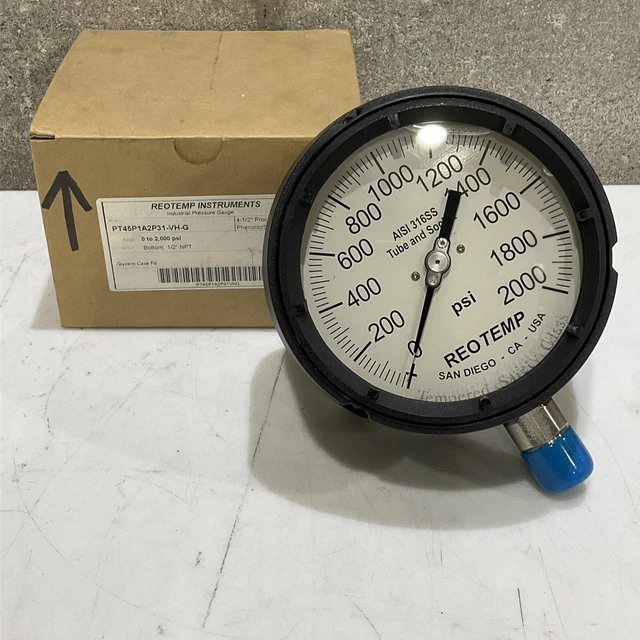 Reotemp Pt45P1A2P31-Vh-G Pressure Gauge 0-2000 Psi 1/2” 4-1/2” Npt 373