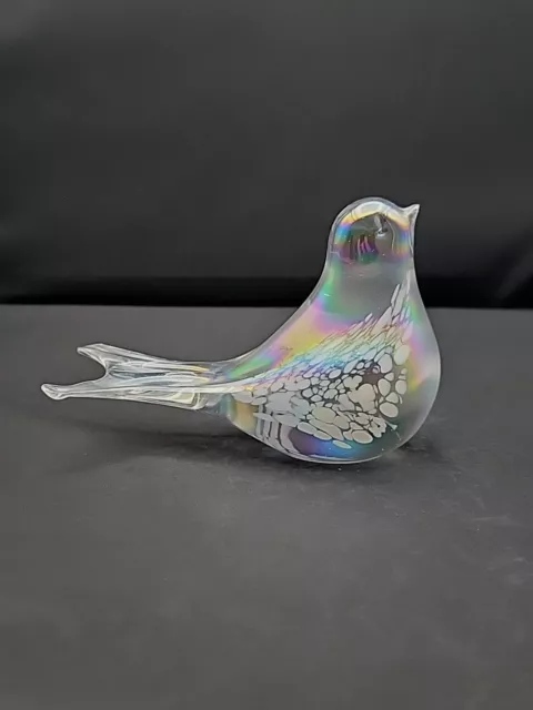Silvestri Balos Iridescent Spotted Art Glass Snow Bird Paperweight 5" Figurine