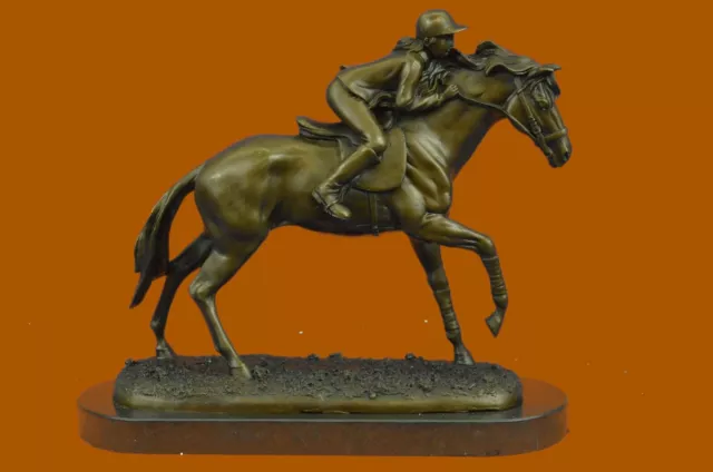 Jockey Riding Horse Bronze Statue Figure Figurin Hot Cast Marble Base Figurine